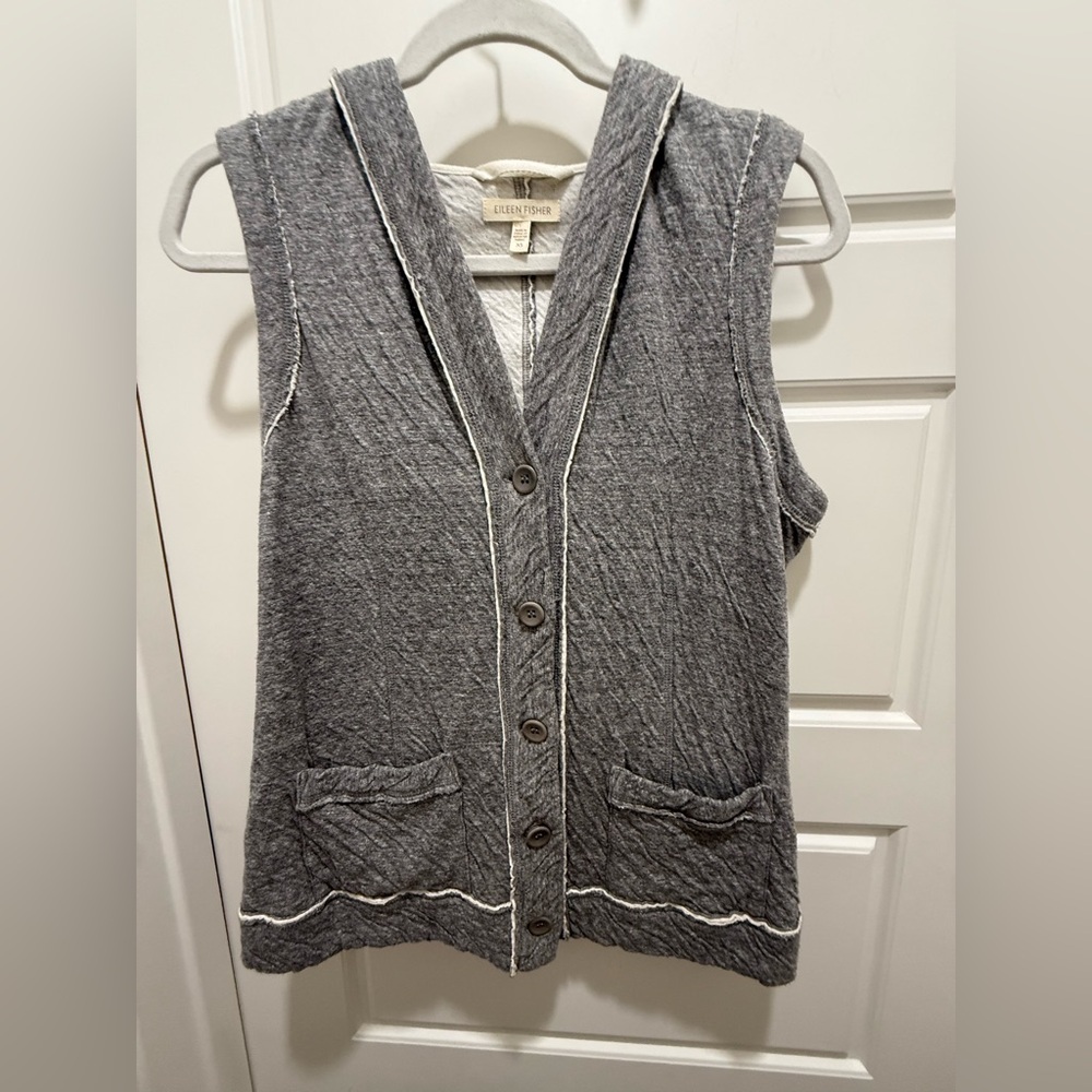 Eileen Fisher. Women's Sleeveless Button Up Gray Hoodie. Size XS.